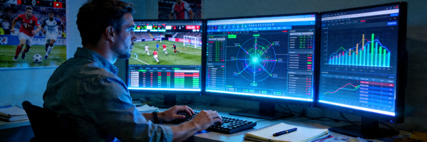 体育数据分析师使用多屏电脑进行赛事数据建模